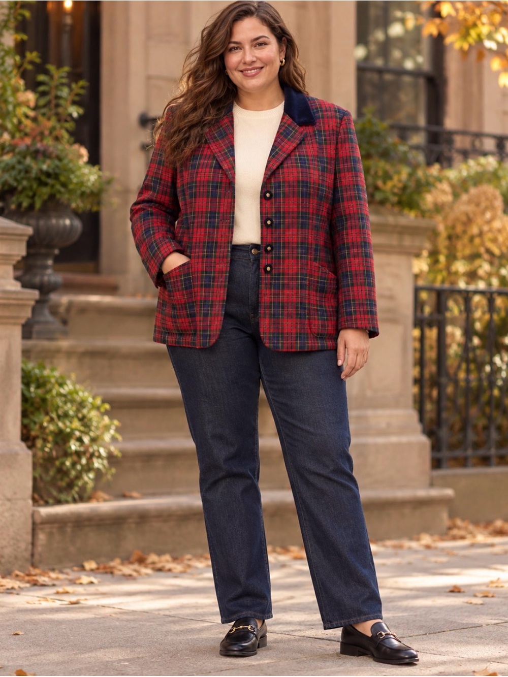 Pendleton Plus Red Tartan Plaid Wool Blazer Navy Velvet Collar Jacket